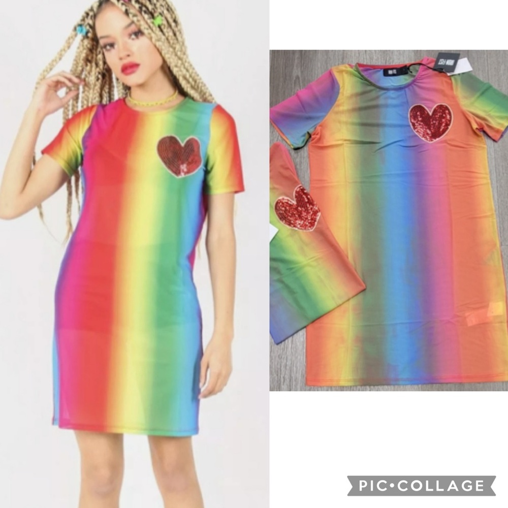NEW! Iron Fist Somewhere Rainbow Sheer Mesh Mini Dress Sequin Heart XL Pride